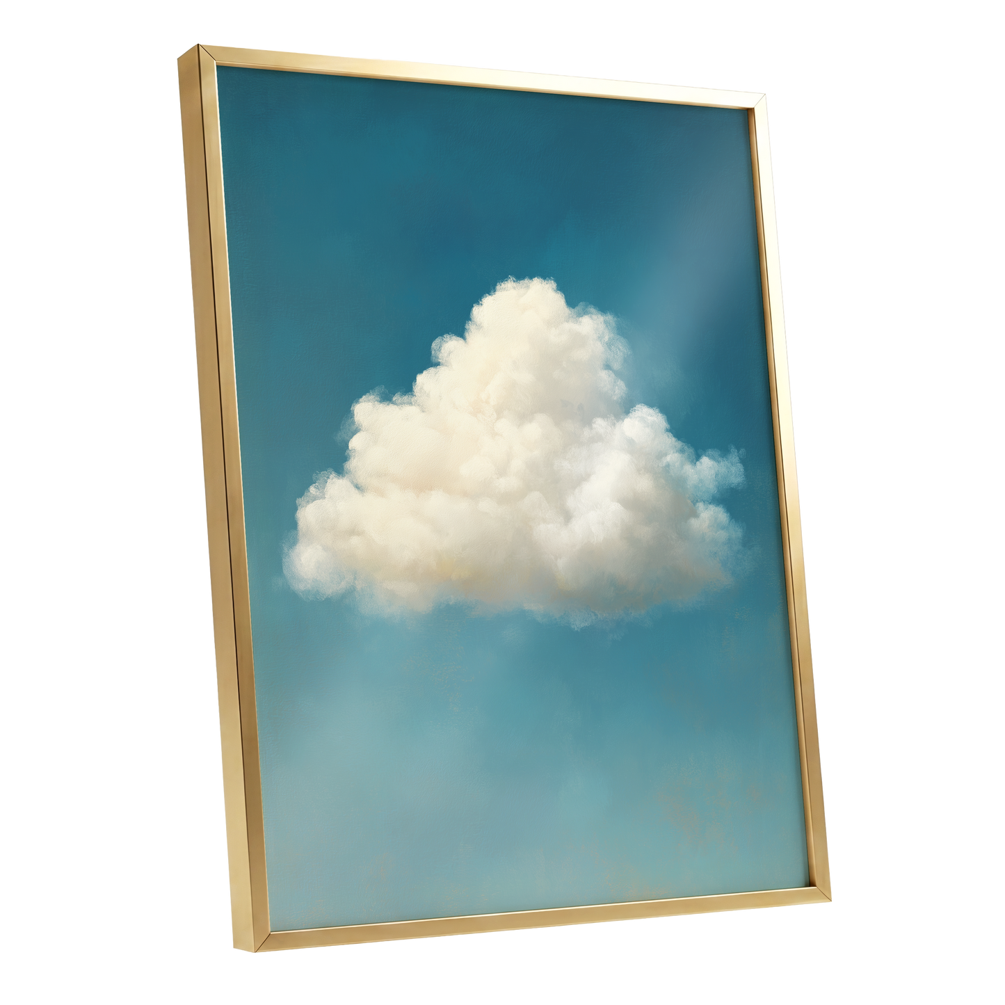 Cumulus in Open Air, blue, white, beige nature wall art shown as a gold framed poster wall art print