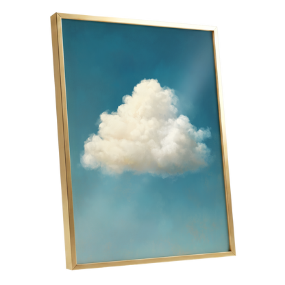 Cumulus in Open Air, blue, white, beige nature wall art shown as a gold framed poster wall art print