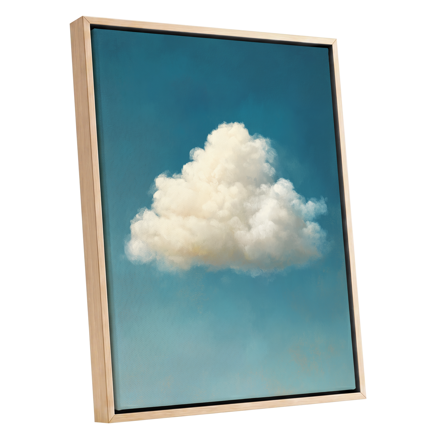 Cumulus in Open Air, blue, white, beige nature wall art shown as a oak framed canvas wall art
