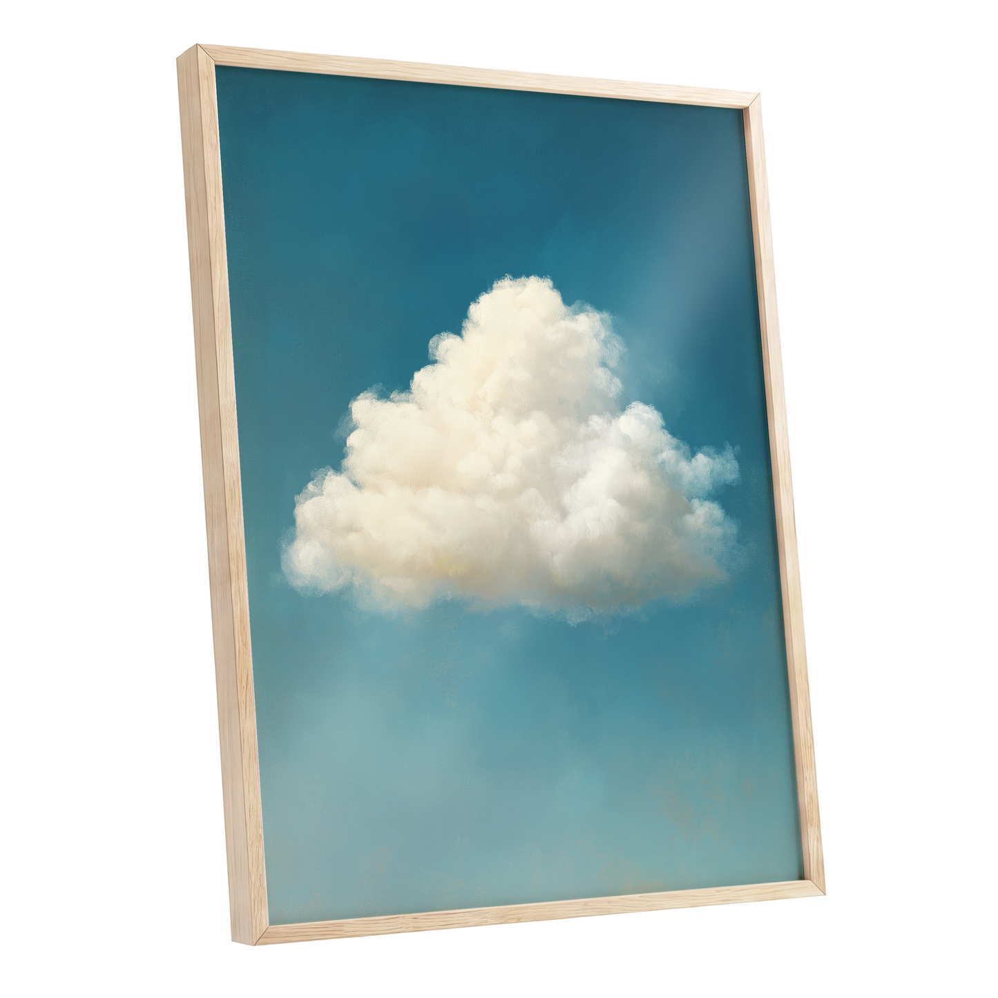 Cumulus in Open Air, blue, white, beige nature wall art shown as a oak framed poster wall art print