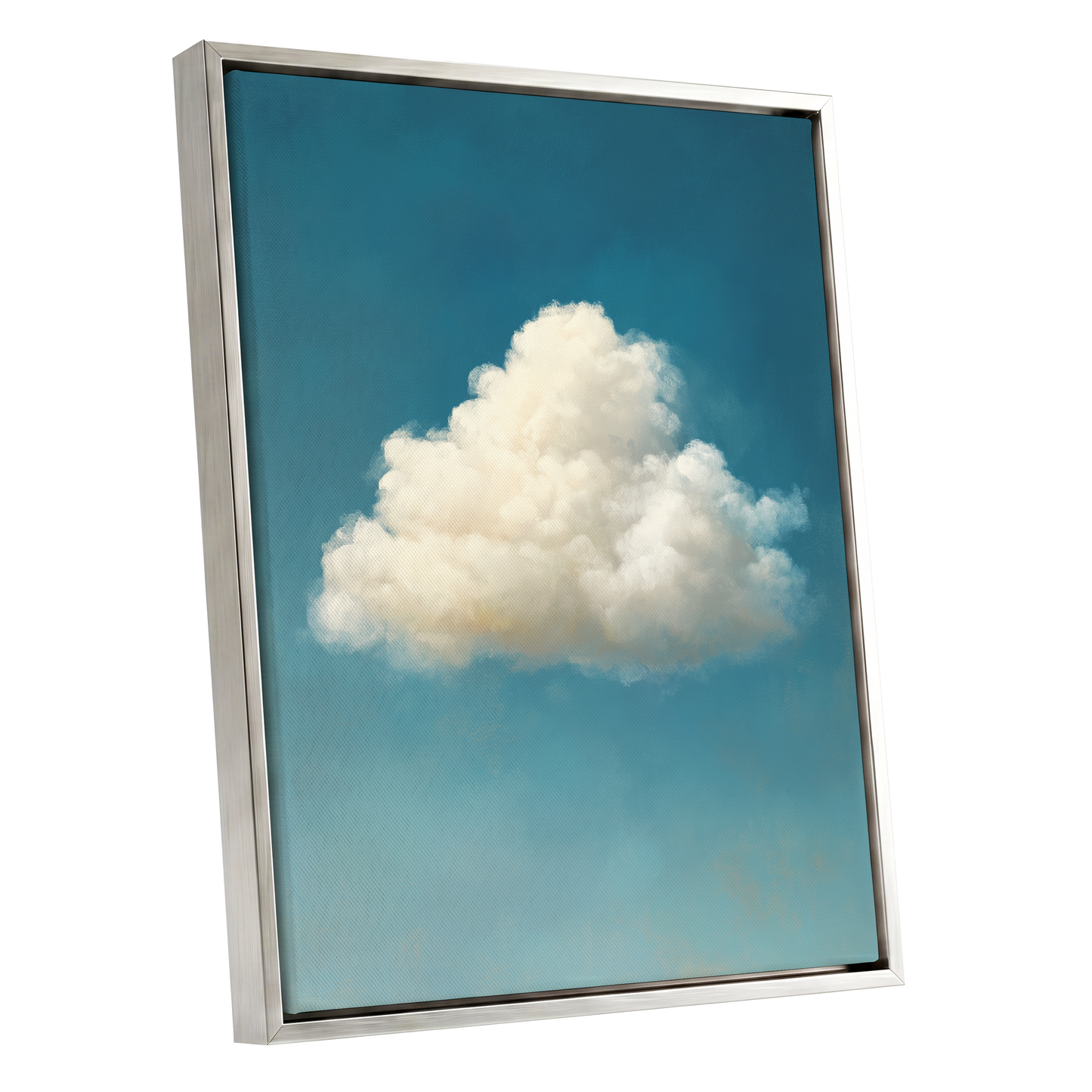 Cumulus in Open Air, blue, white, beige nature wall art shown as a silver framed canvas wall art