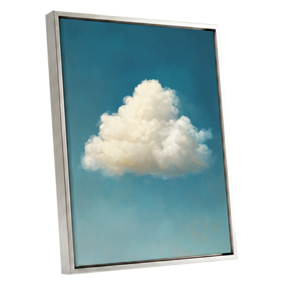 Cumulus in Open Air, blue, white, beige nature wall art shown as a silver framed canvas wall art