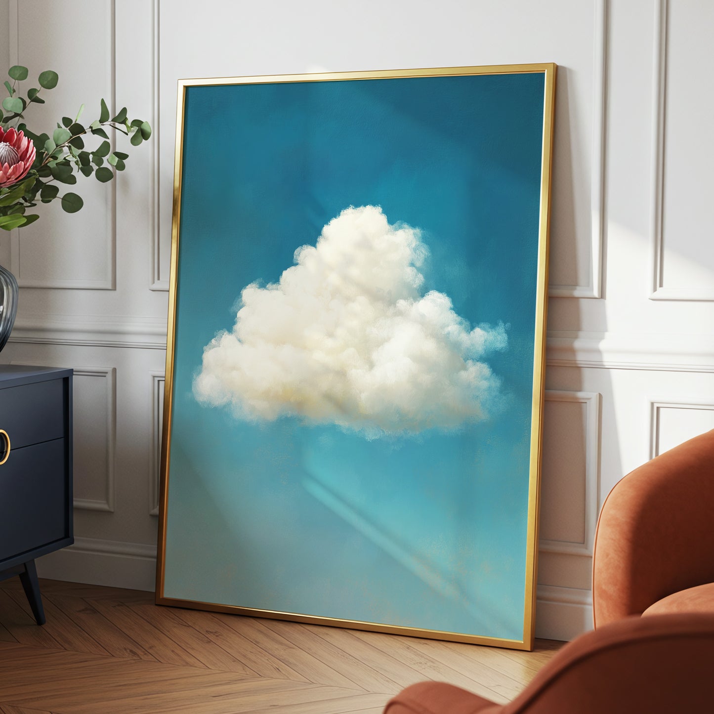Cumulus in Open Air, blue, white, beige nature wall art displayed in a styled interior, gallery view 2