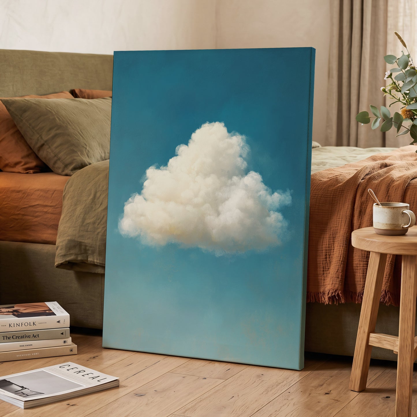 Cumulus in Open Air, blue, white, beige nature wall art displayed in a styled interior, gallery view 3