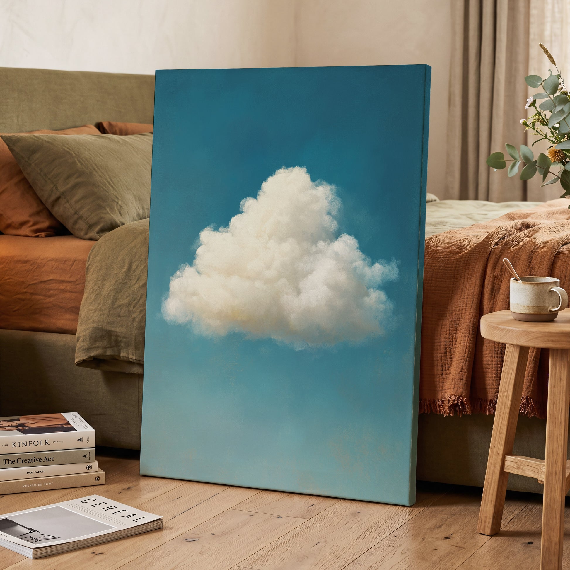 Cumulus in Open Air, blue, white, beige nature wall art displayed in a styled interior, gallery view 3