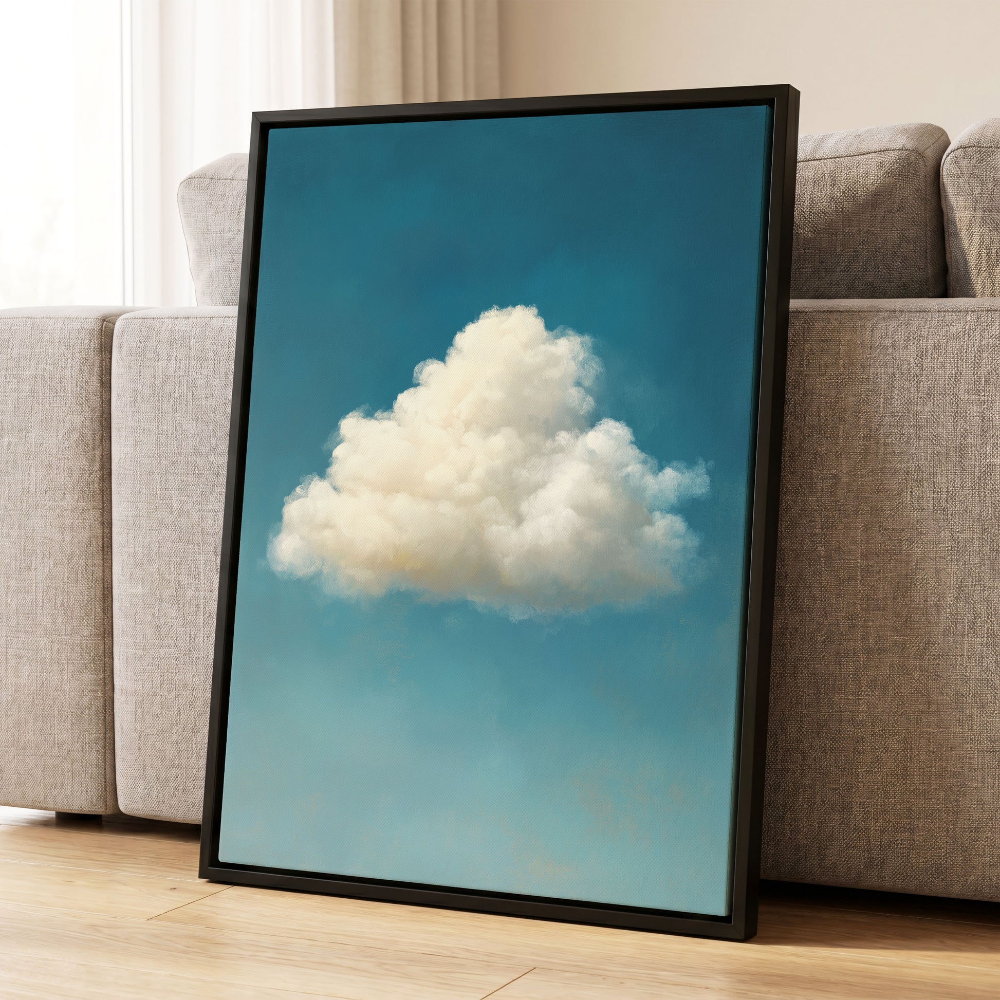Cumulus in Open Air, blue, white, beige nature wall art displayed in a styled interior, gallery view 4