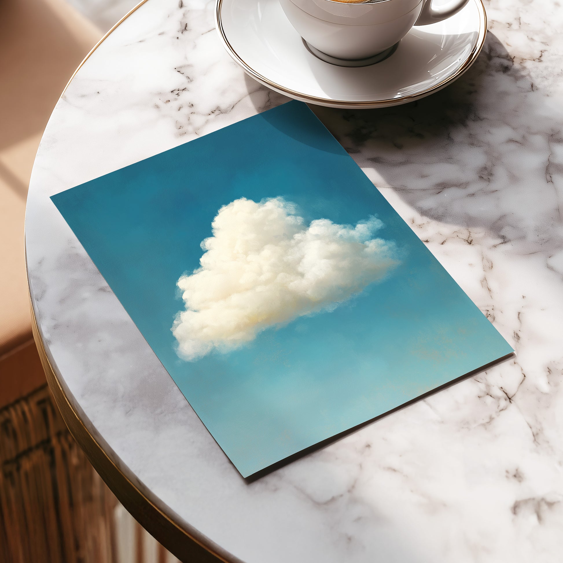 Cumulus in Open Air, blue, white, beige nature wall art displayed in a styled interior, gallery view 5