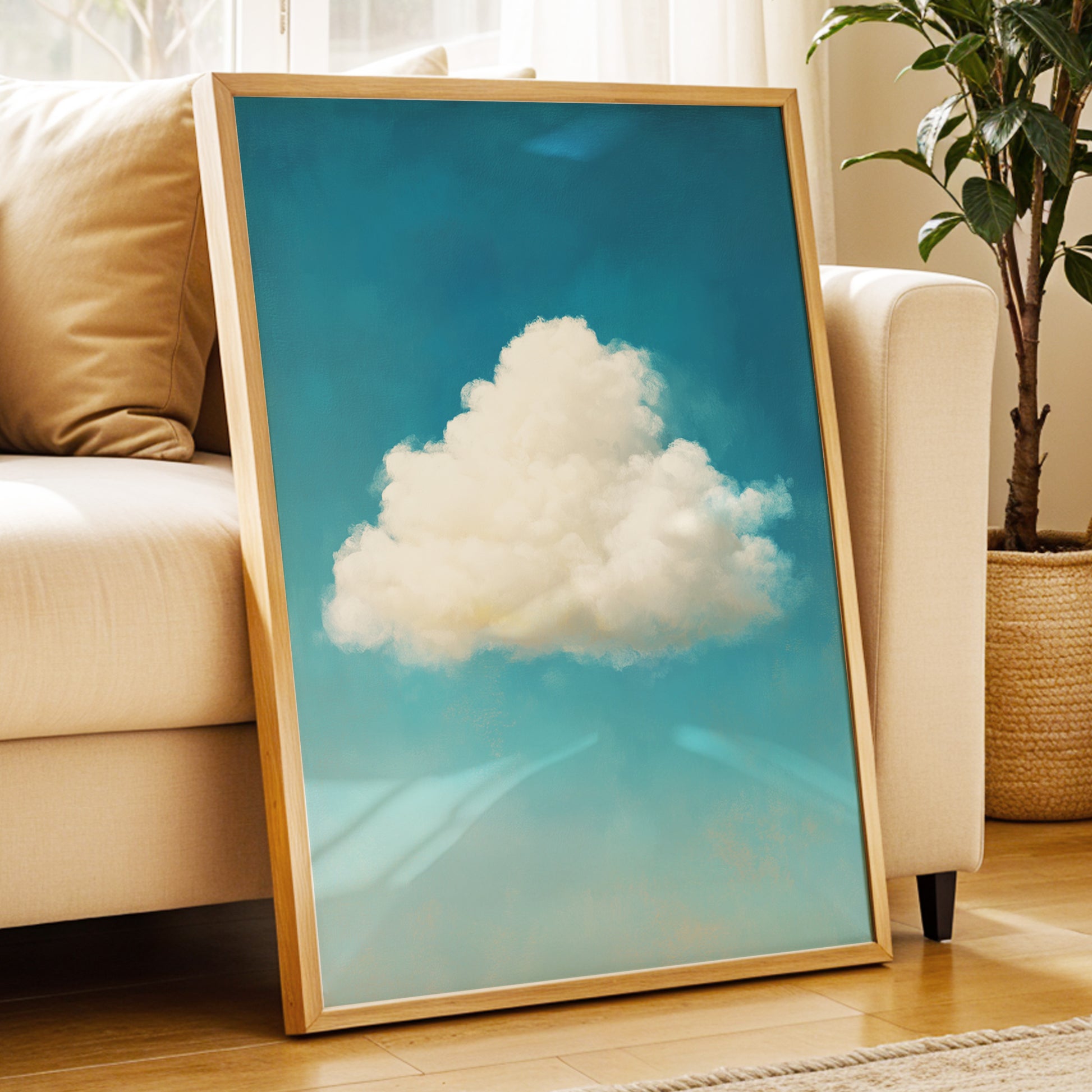 Cumulus in Open Air, blue, white, beige nature wall art displayed in a styled interior, gallery view 6