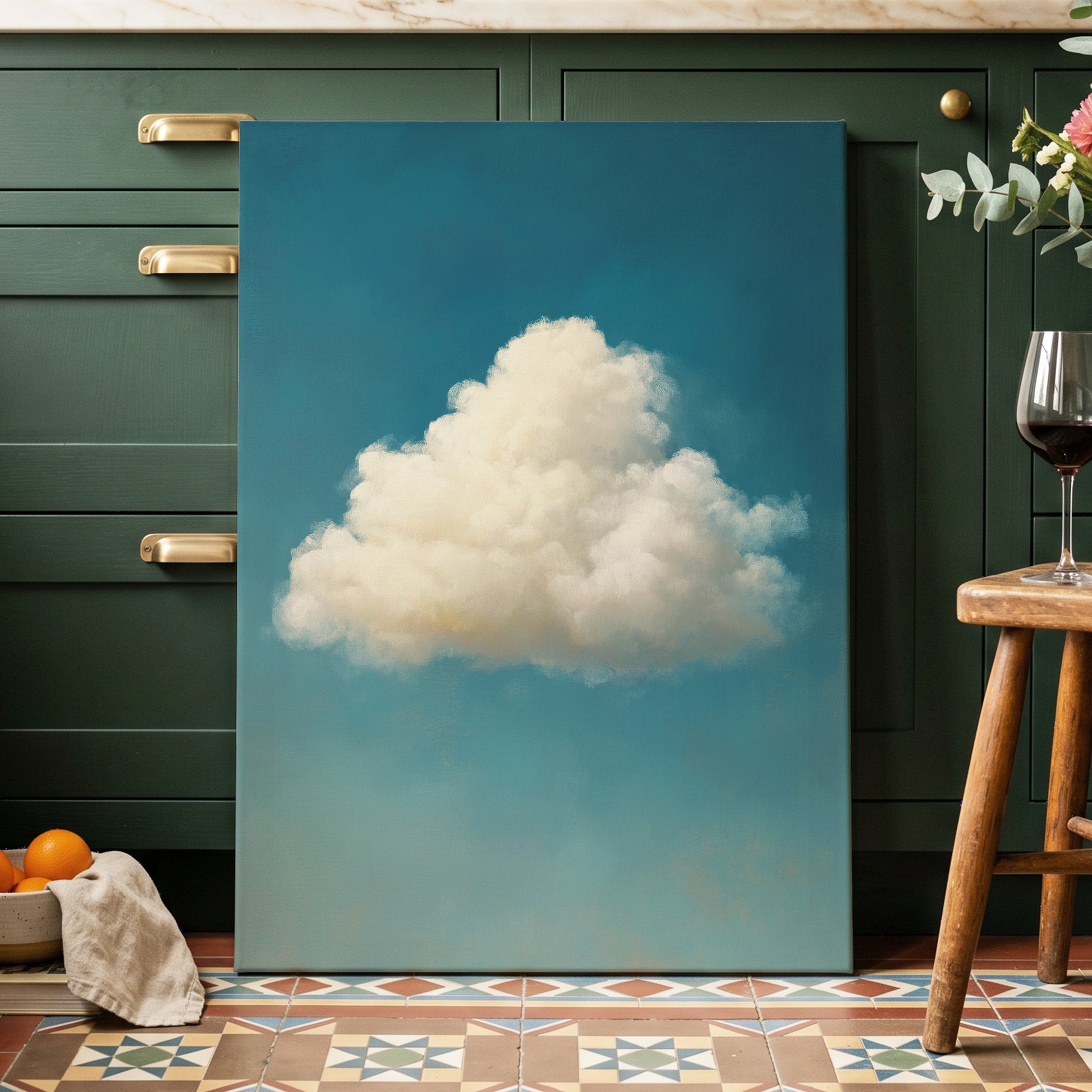 Cumulus in Open Air, blue, white, beige nature wall art displayed in a styled interior, gallery view 7