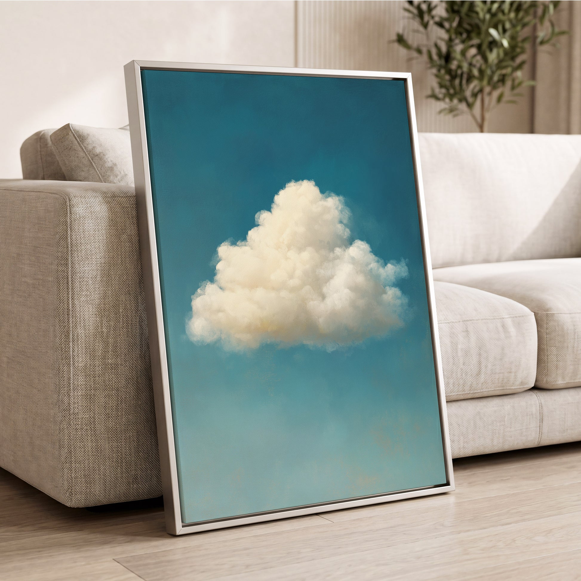 Cumulus in Open Air, blue, white, beige nature wall art displayed in a styled interior, gallery view 8
