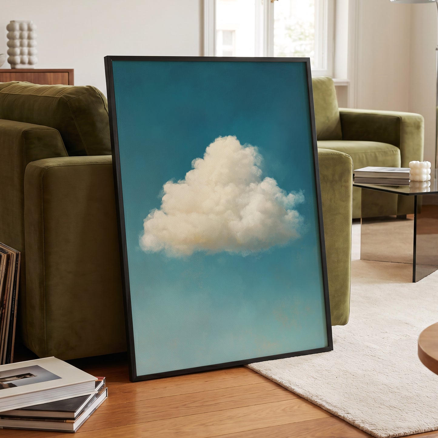 Cumulus in Open Air, blue, white, beige nature wall art displayed in a styled interior, gallery view 9