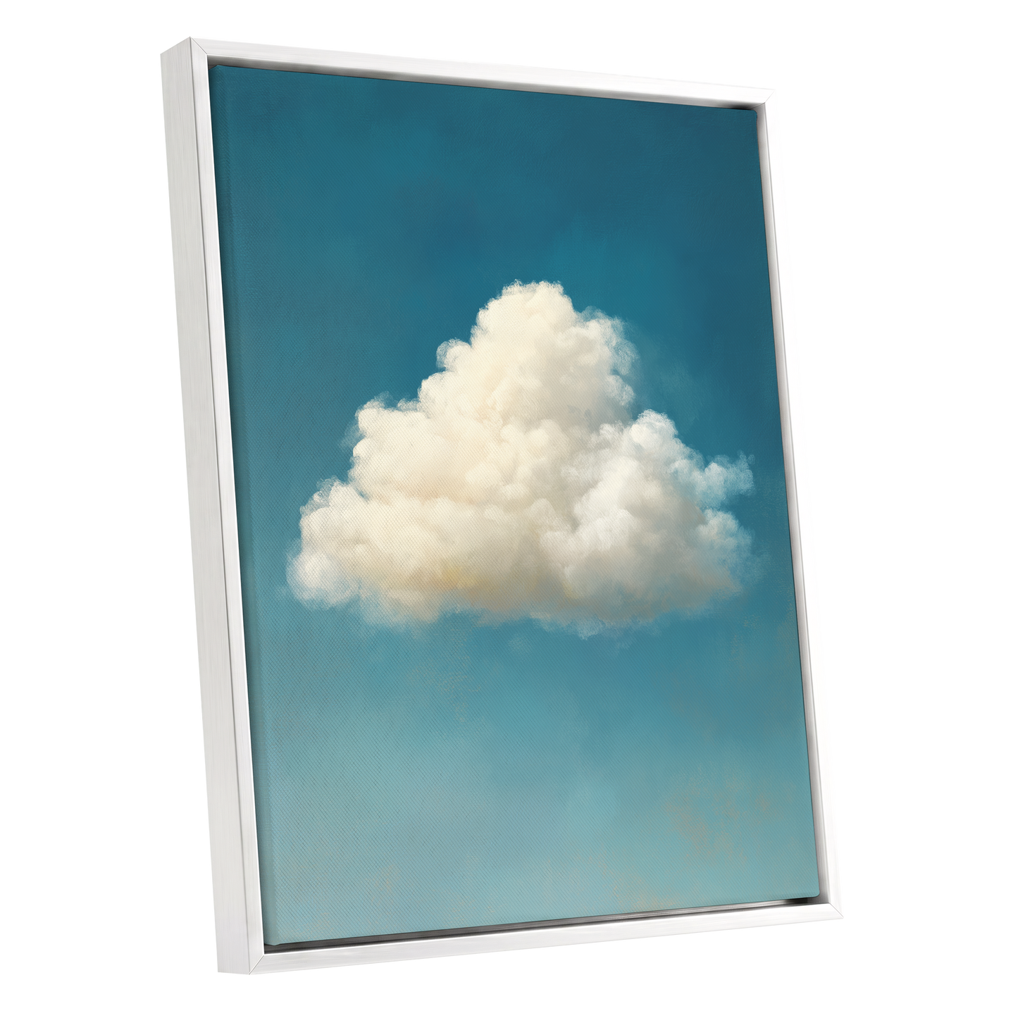Cumulus in Open Air, blue, white, beige nature wall art shown as a white framed canvas wall art