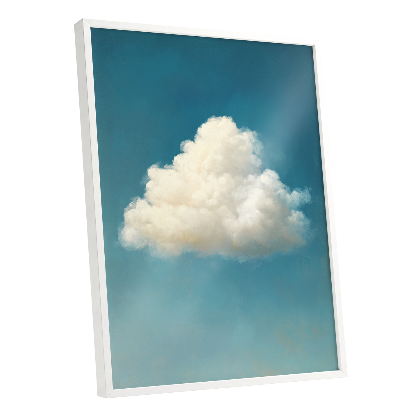 Cumulus in Open Air, blue, white, beige nature wall art shown as a white framed poster wall art print