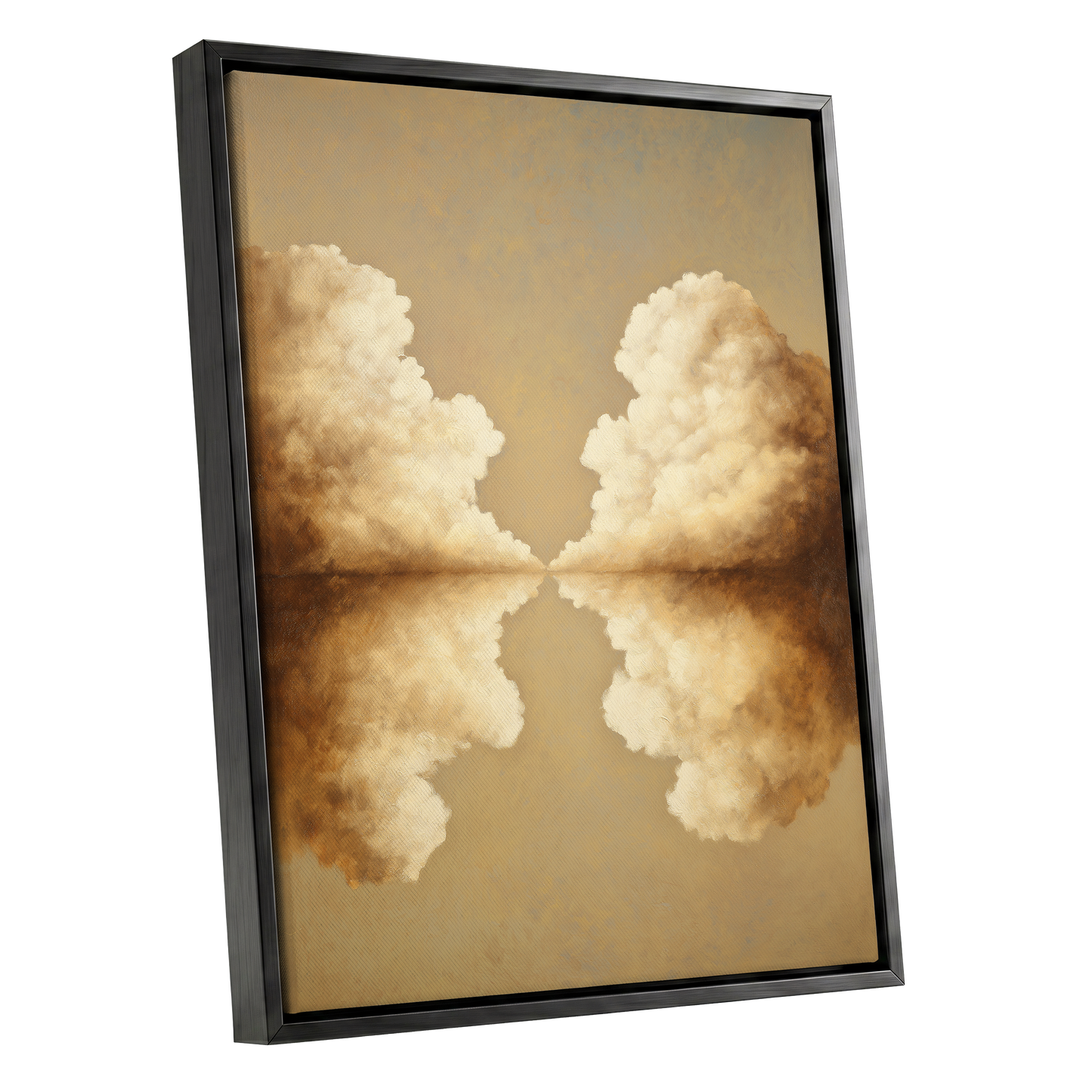 Cumulus Mirrorway, gold, beige, white nature wall art shown as a black framed canvas wall art