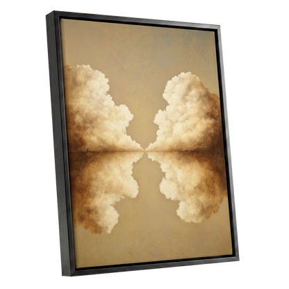 Cumulus Mirrorway, gold, beige, white nature wall art shown as a black framed canvas wall art