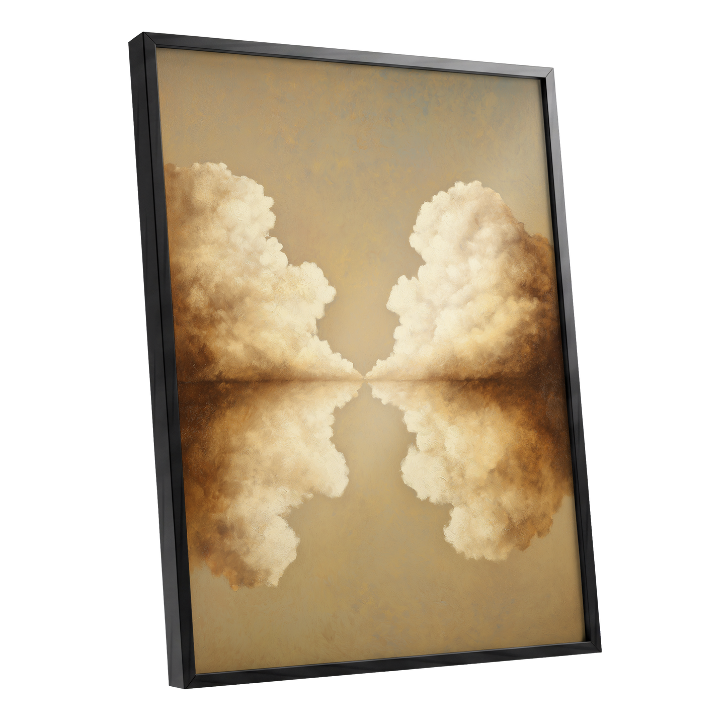 Cumulus Mirrorway, gold, beige, white nature wall art shown as a black framed poster wall art print