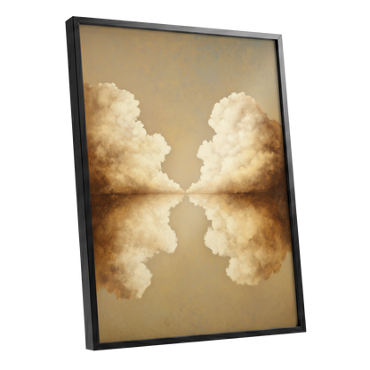 Cumulus Mirrorway, gold, beige, white nature wall art shown as a black framed poster wall art print