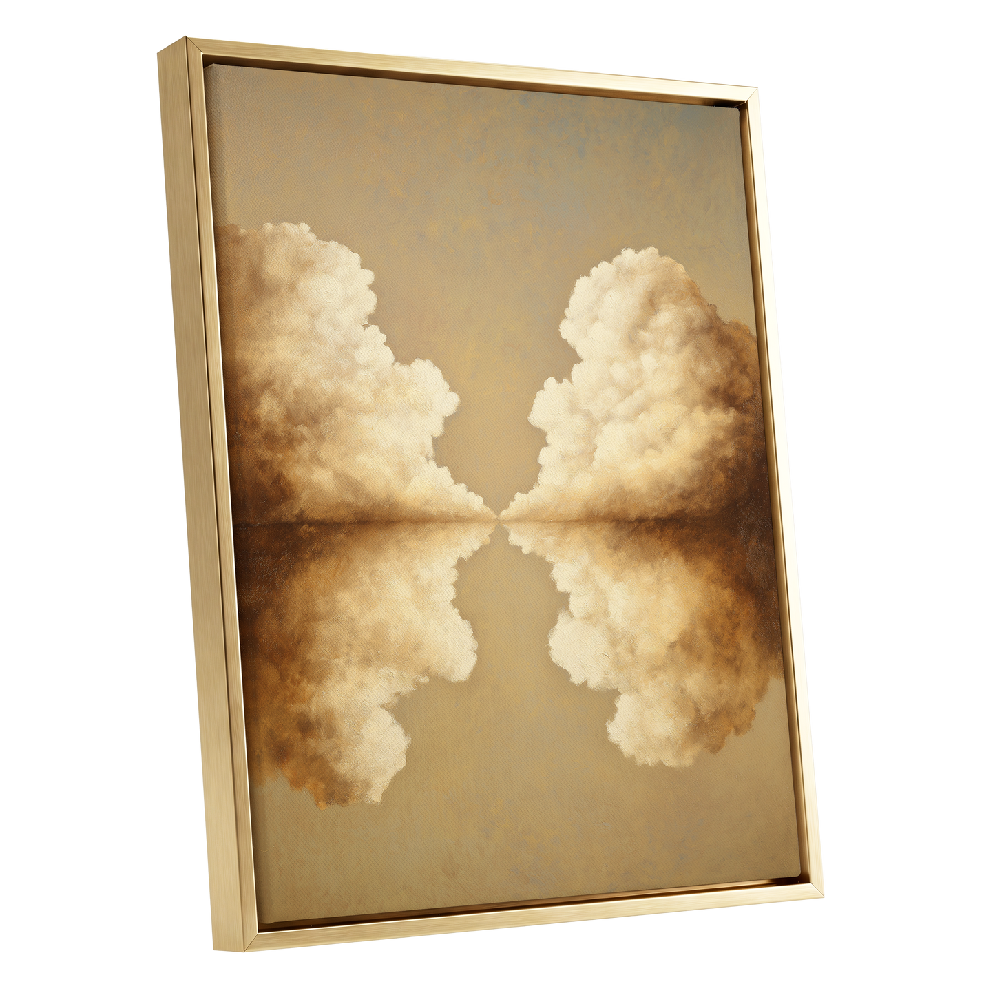 Cumulus Mirrorway, gold, beige, white nature wall art shown as a gold framed canvas wall art