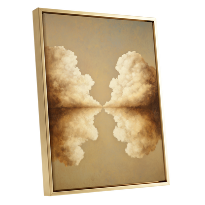 Cumulus Mirrorway, gold, beige, white nature wall art shown as a gold framed canvas wall art