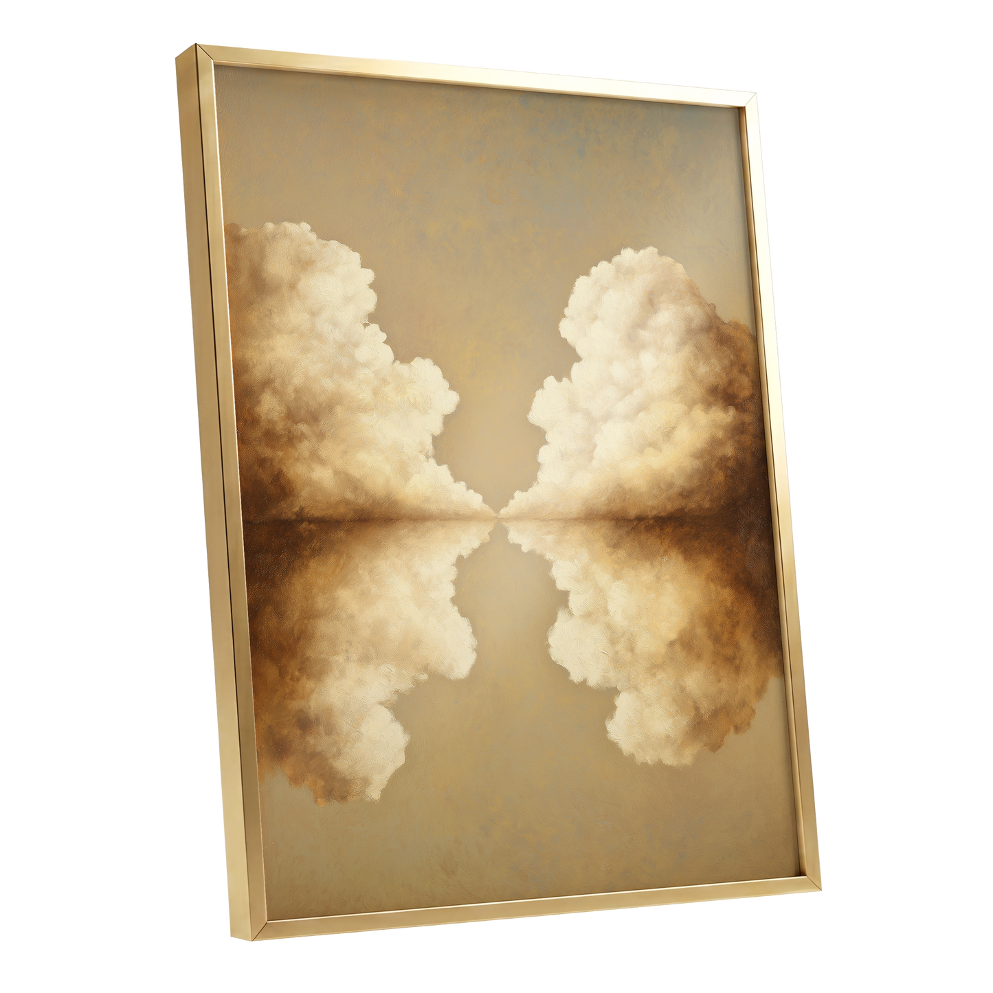 Cumulus Mirrorway, gold, beige, white nature wall art shown as a gold framed poster wall art print
