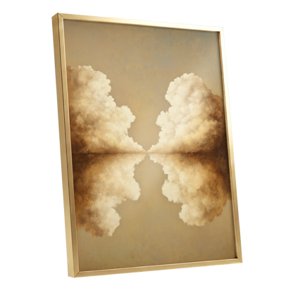 Cumulus Mirrorway, gold, beige, white nature wall art shown as a gold framed poster wall art print
