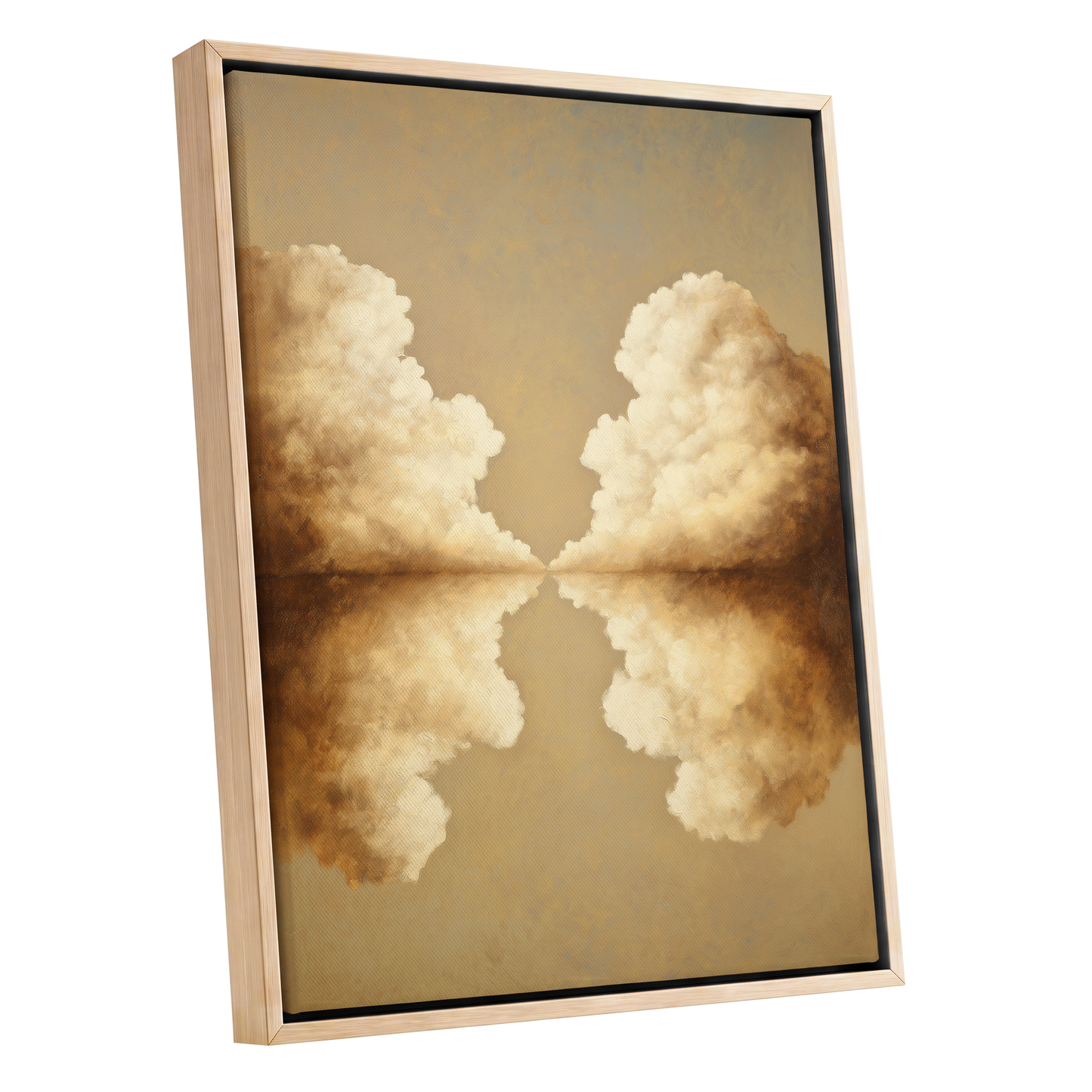 Cumulus Mirrorway, gold, beige, white nature wall art shown as a oak framed canvas wall art