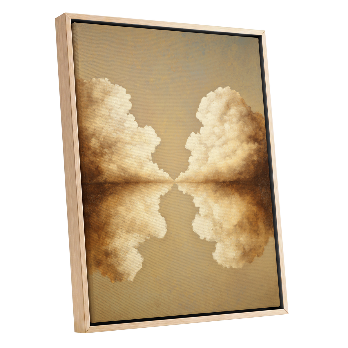 Cumulus Mirrorway, gold, beige, white nature wall art shown as a oak framed canvas wall art