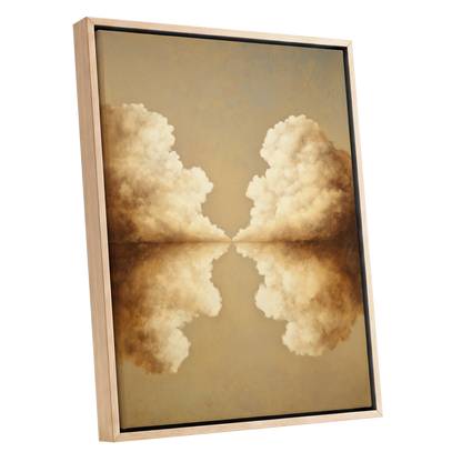 Cumulus Mirrorway, gold, beige, white nature wall art shown as a oak framed canvas wall art