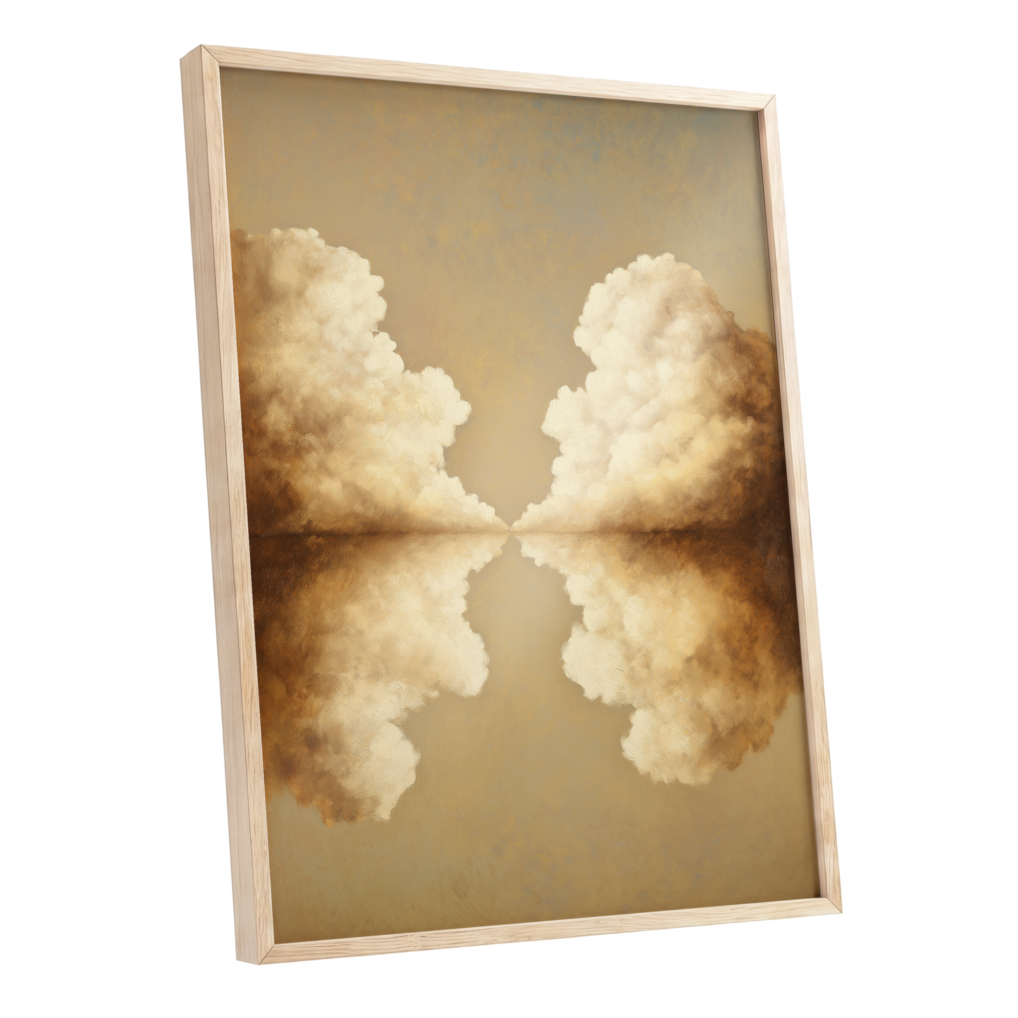 Cumulus Mirrorway, gold, beige, white nature wall art shown as a oak framed poster wall art print
