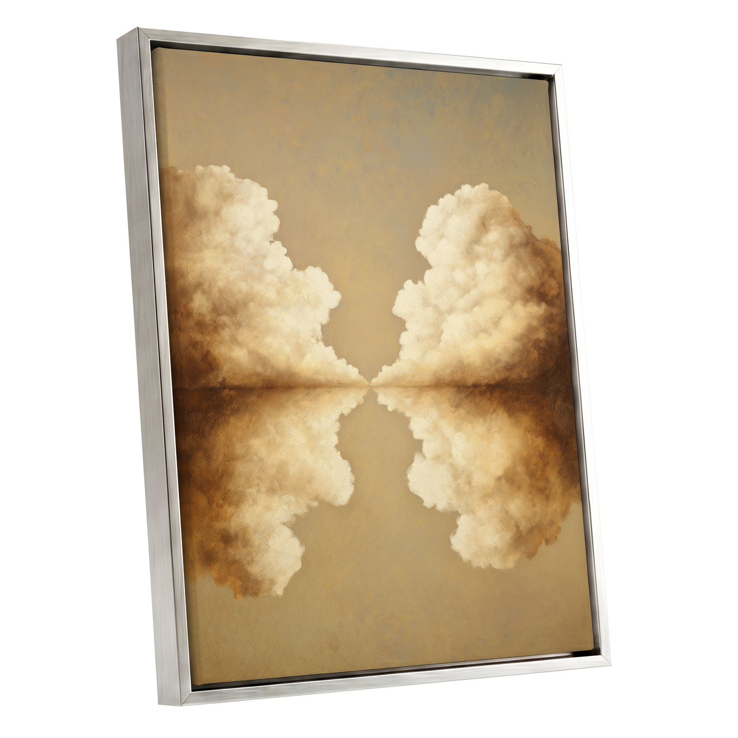 Cumulus Mirrorway, gold, beige, white nature wall art shown as a silver framed canvas wall art