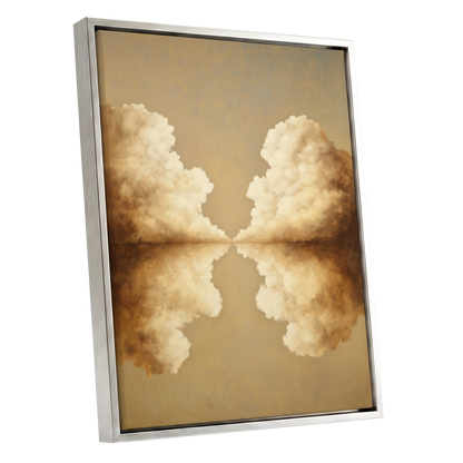Cumulus Mirrorway, gold, beige, white nature wall art shown as a silver framed canvas wall art