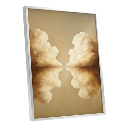 Cumulus Mirrorway, gold, beige, white nature wall art shown as a silver framed poster wall art print