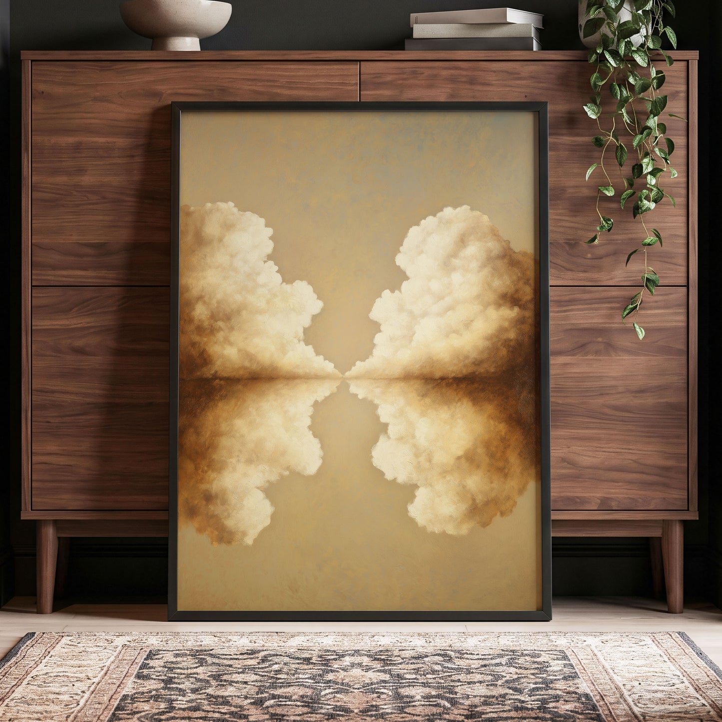Cumulus Mirrorway, gold, beige, white nature wall art displayed in a styled interior, gallery view 2