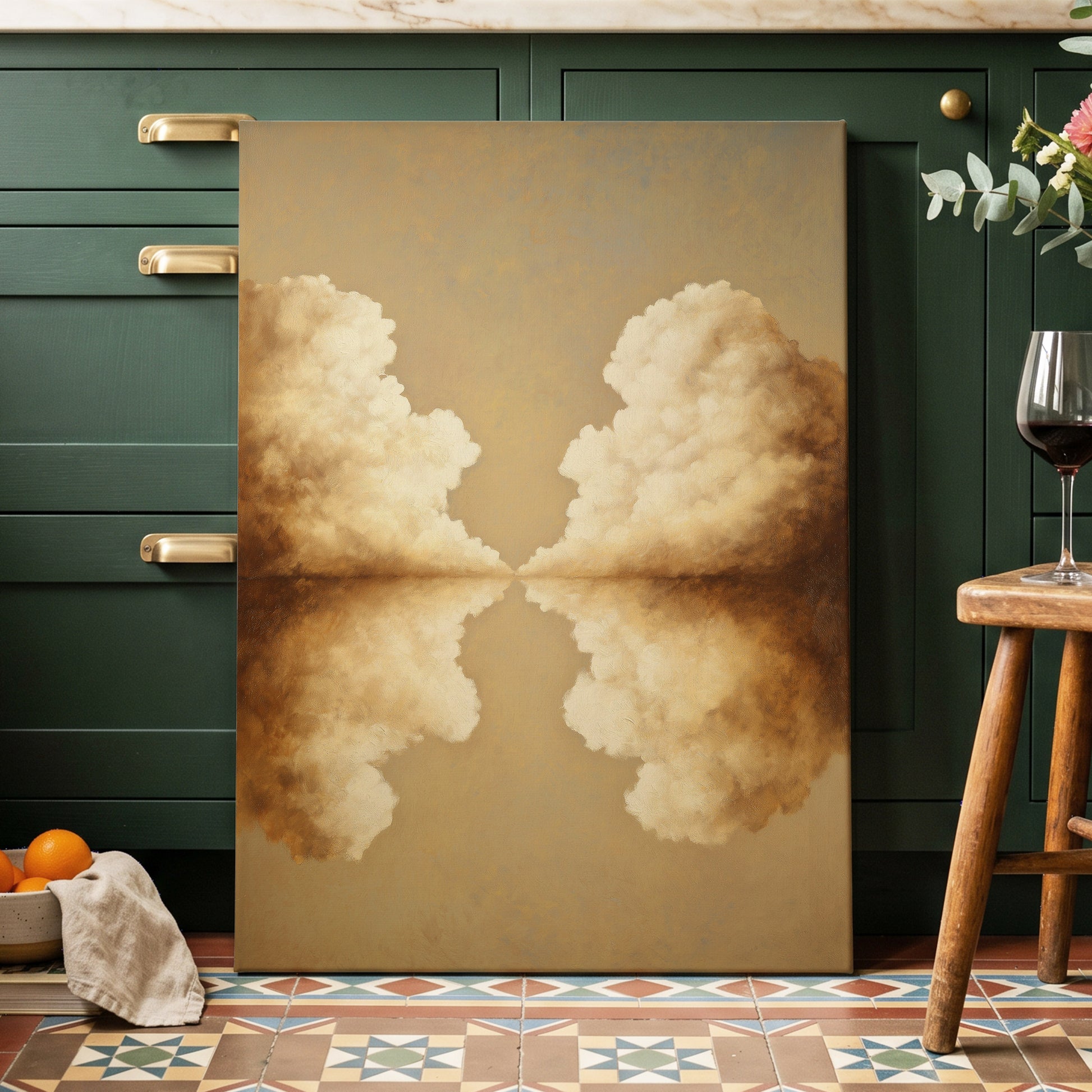 Cumulus Mirrorway, gold, beige, white nature wall art displayed in a styled interior, gallery view 3