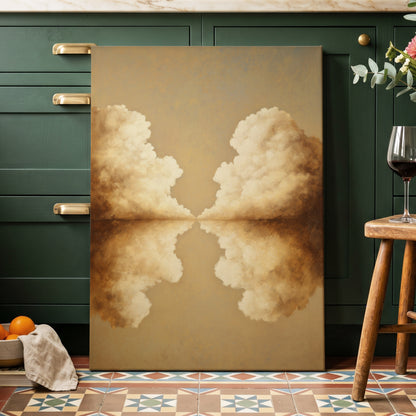 Cumulus Mirrorway, gold, beige, white nature wall art displayed in a styled interior, gallery view 3