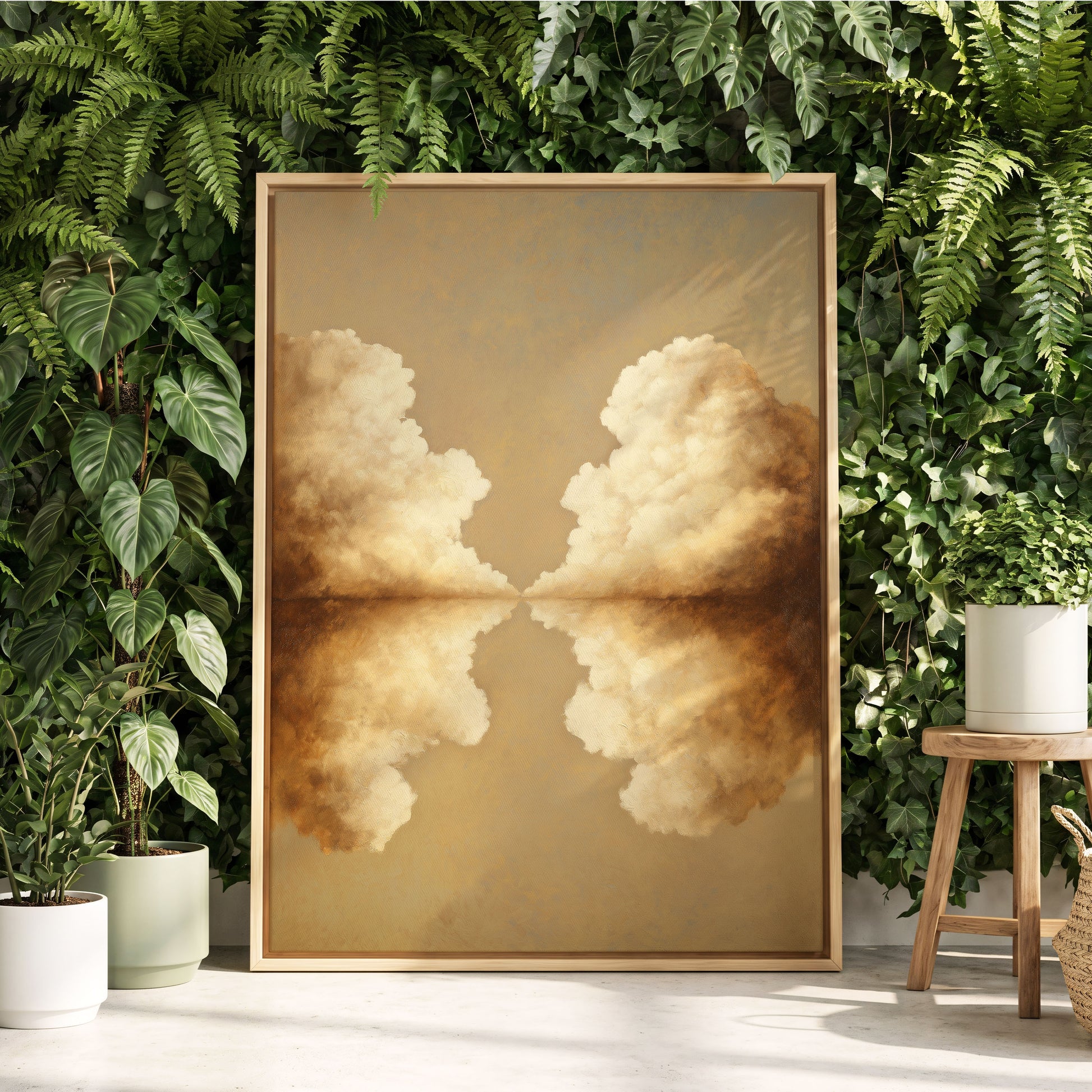 Cumulus Mirrorway, gold, beige, white nature wall art displayed in a styled interior, gallery view 4