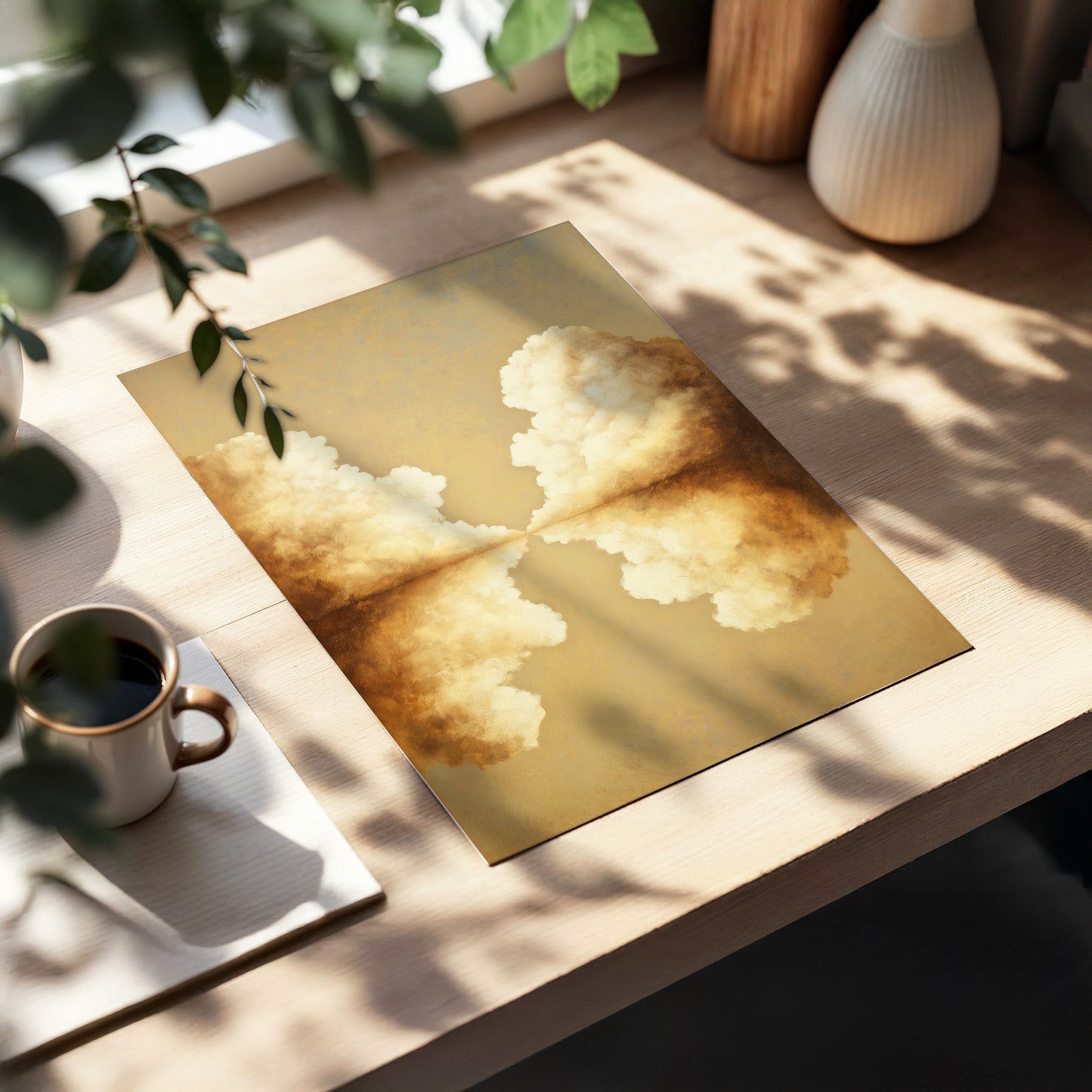 Cumulus Mirrorway, gold, beige, white nature wall art displayed in a styled interior, gallery view 5