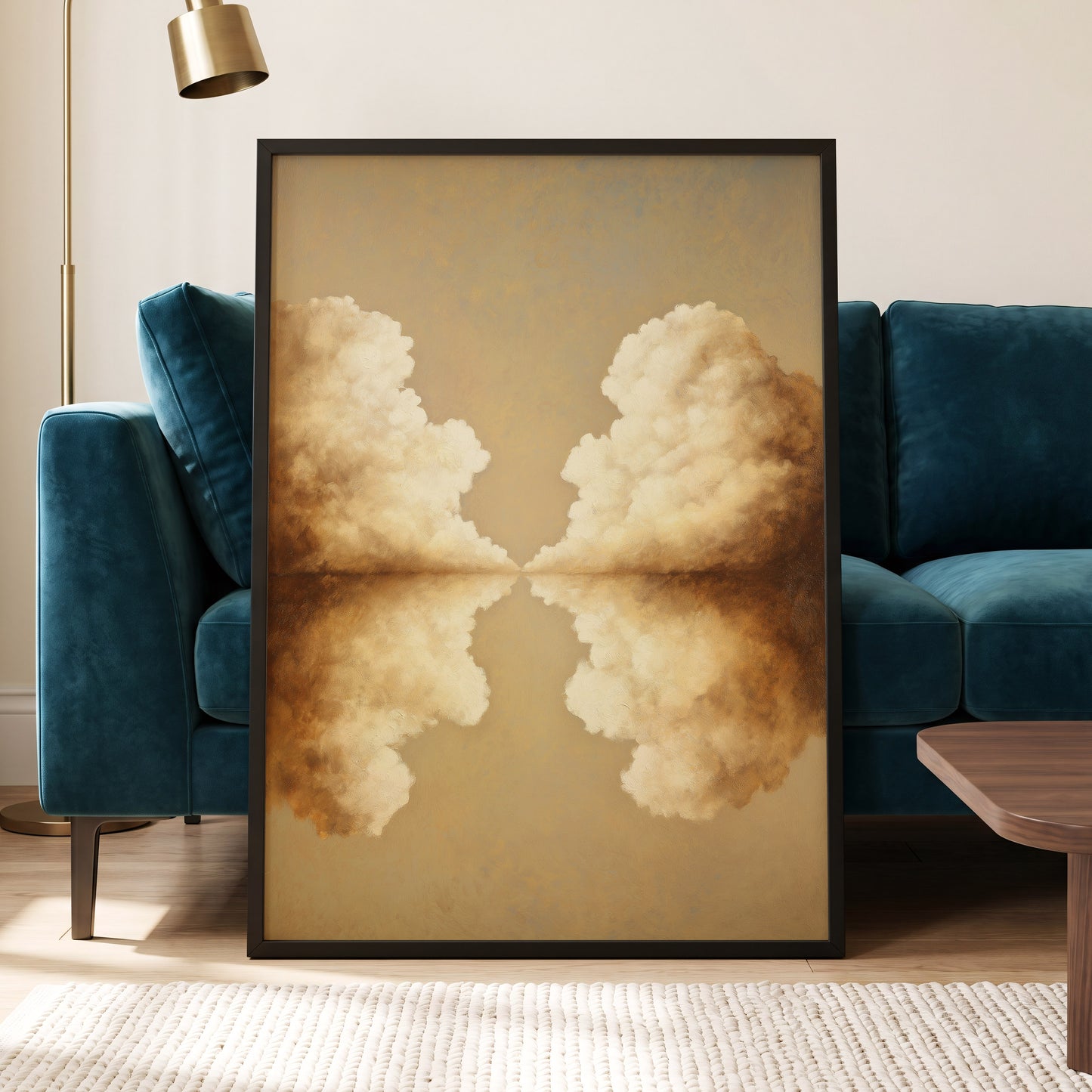 Cumulus Mirrorway, gold, beige, white nature wall art displayed in a styled interior, gallery view 6