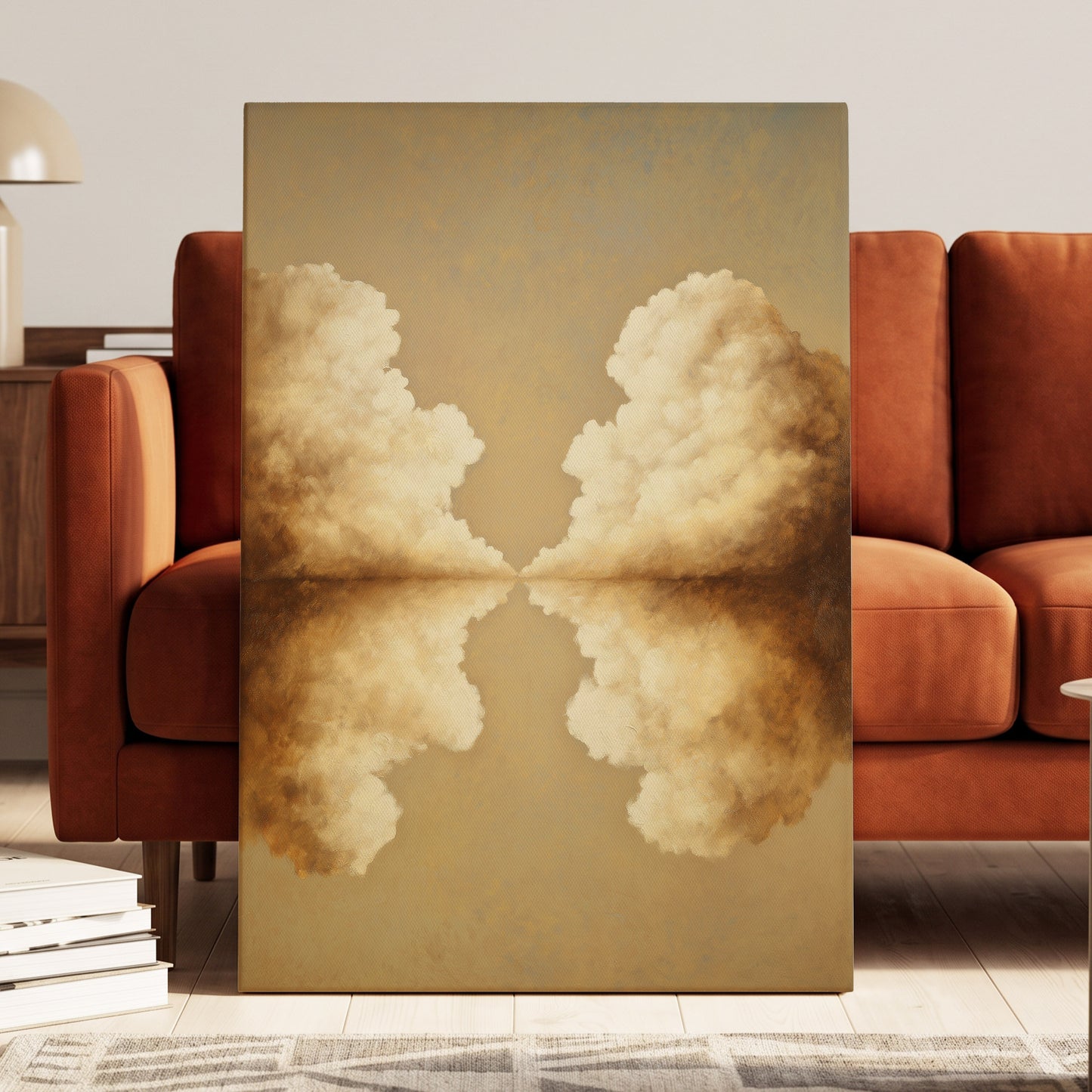 Cumulus Mirrorway, gold, beige, white nature wall art displayed in a styled interior, gallery view 7