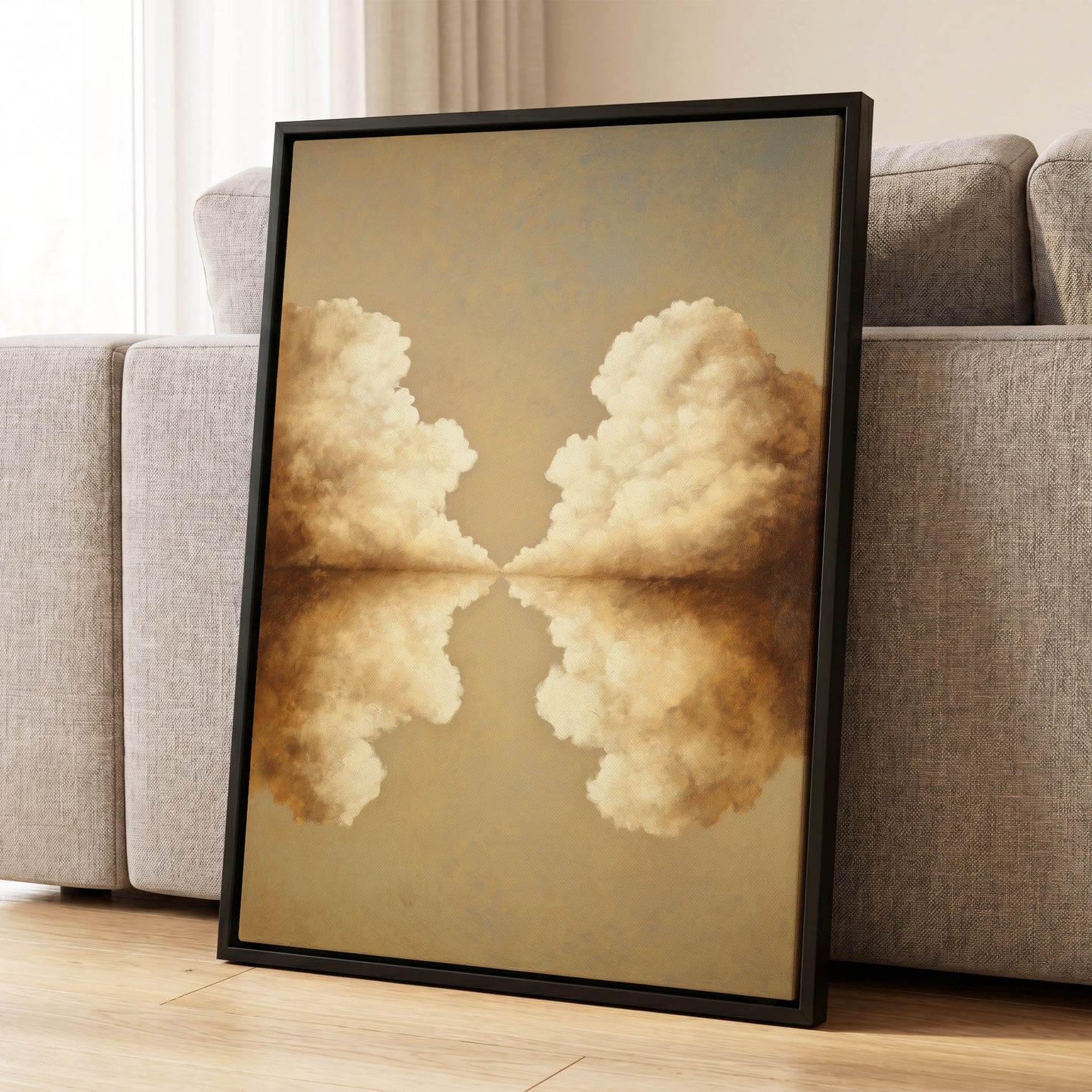 Cumulus Mirrorway, gold, beige, white nature wall art displayed in a styled interior, gallery view 8