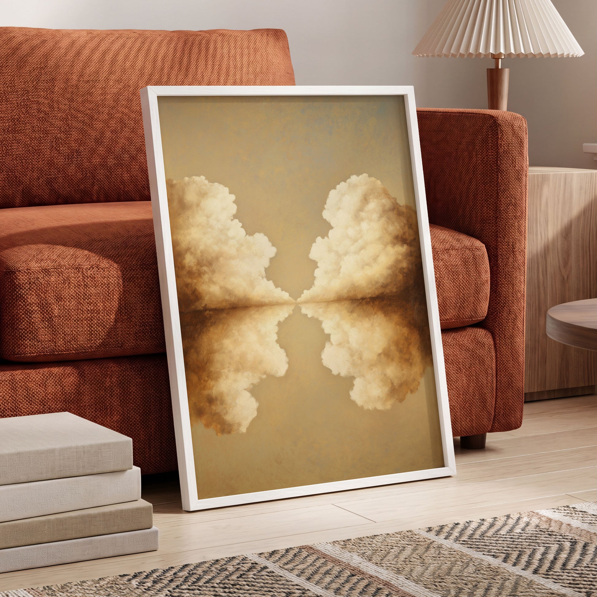 Cumulus Mirrorway, gold, beige, white nature wall art displayed in a styled interior, gallery view 9