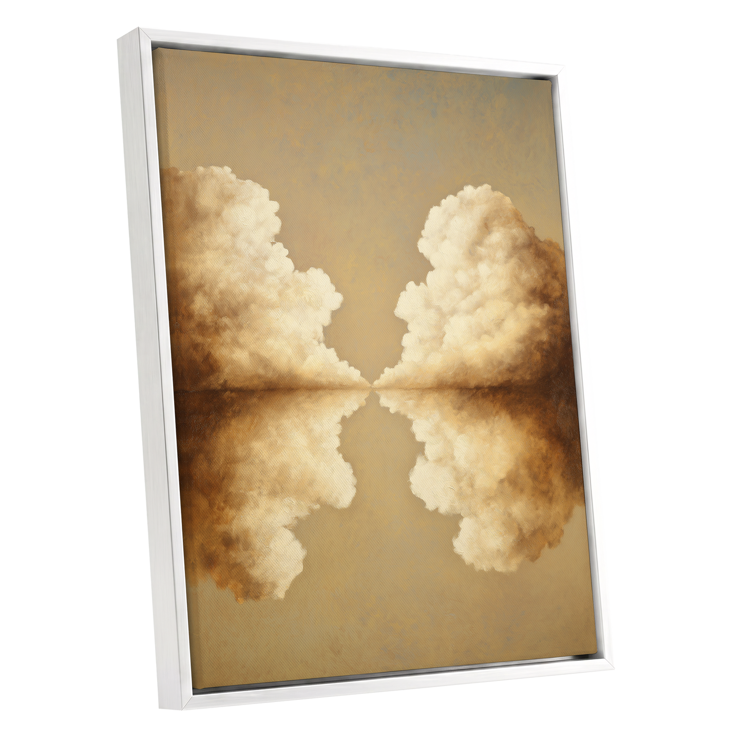 Cumulus Mirrorway, gold, beige, white nature wall art shown as a white framed canvas wall art