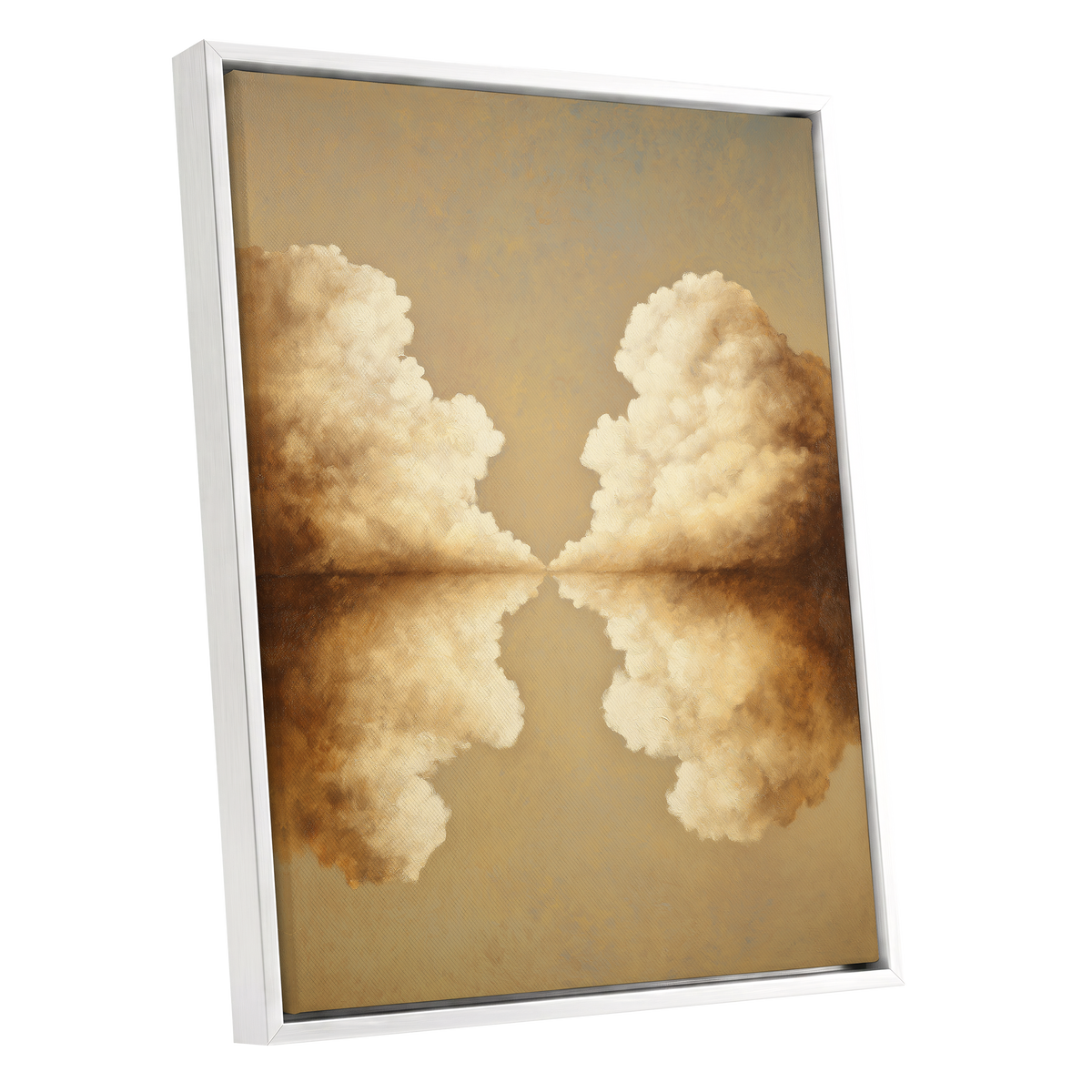 Cumulus Mirrorway, gold, beige, white nature wall art shown as a white framed canvas wall art