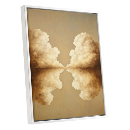 Cumulus Mirrorway, gold, beige, white nature wall art shown as a white framed canvas wall art