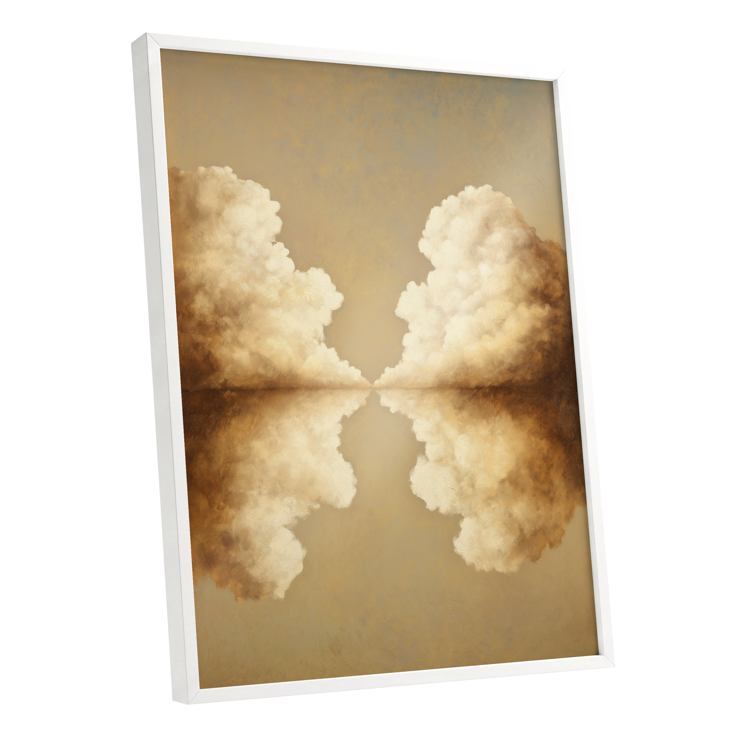 Cumulus Mirrorway, gold, beige, white nature wall art shown as a white framed poster wall art print