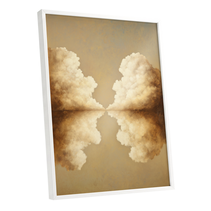 Cumulus Mirrorway, gold, beige, white nature wall art shown as a white framed poster wall art print