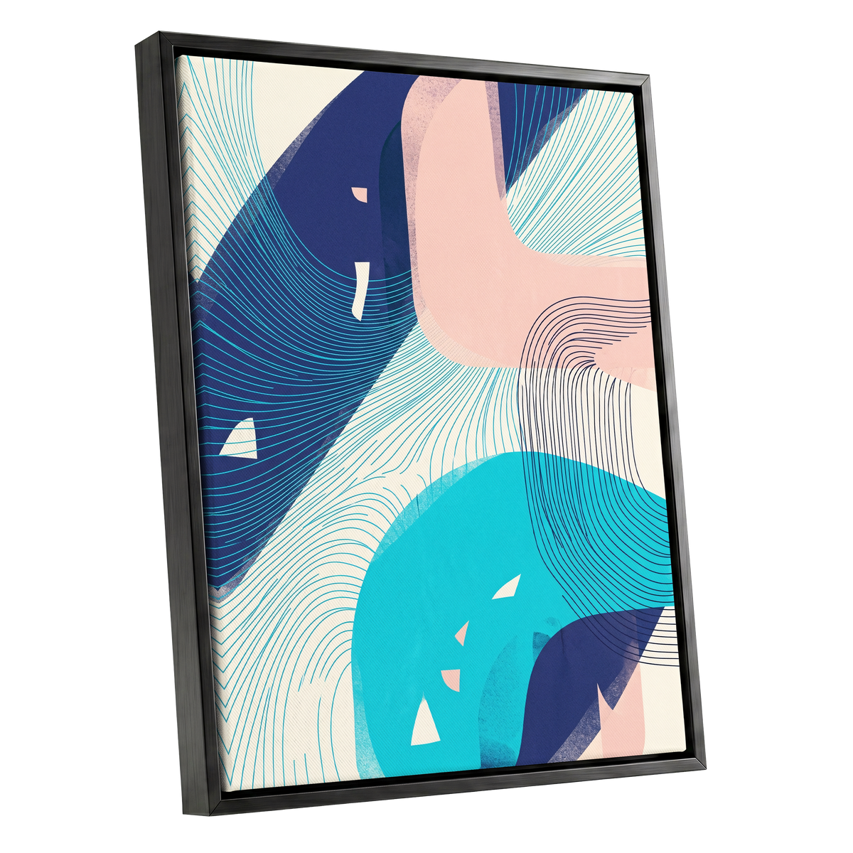 Currents in Blush, blue, pink, beige abstract wall art shown as a black framed canvas wall art