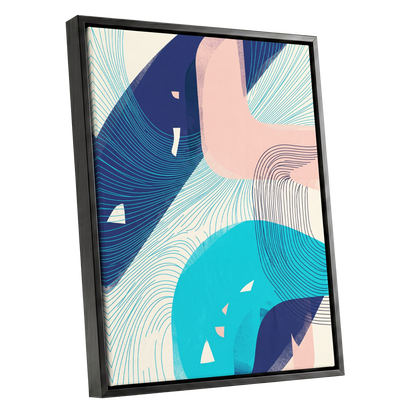Currents in Blush, blue, pink, beige abstract wall art shown as a black framed canvas wall art