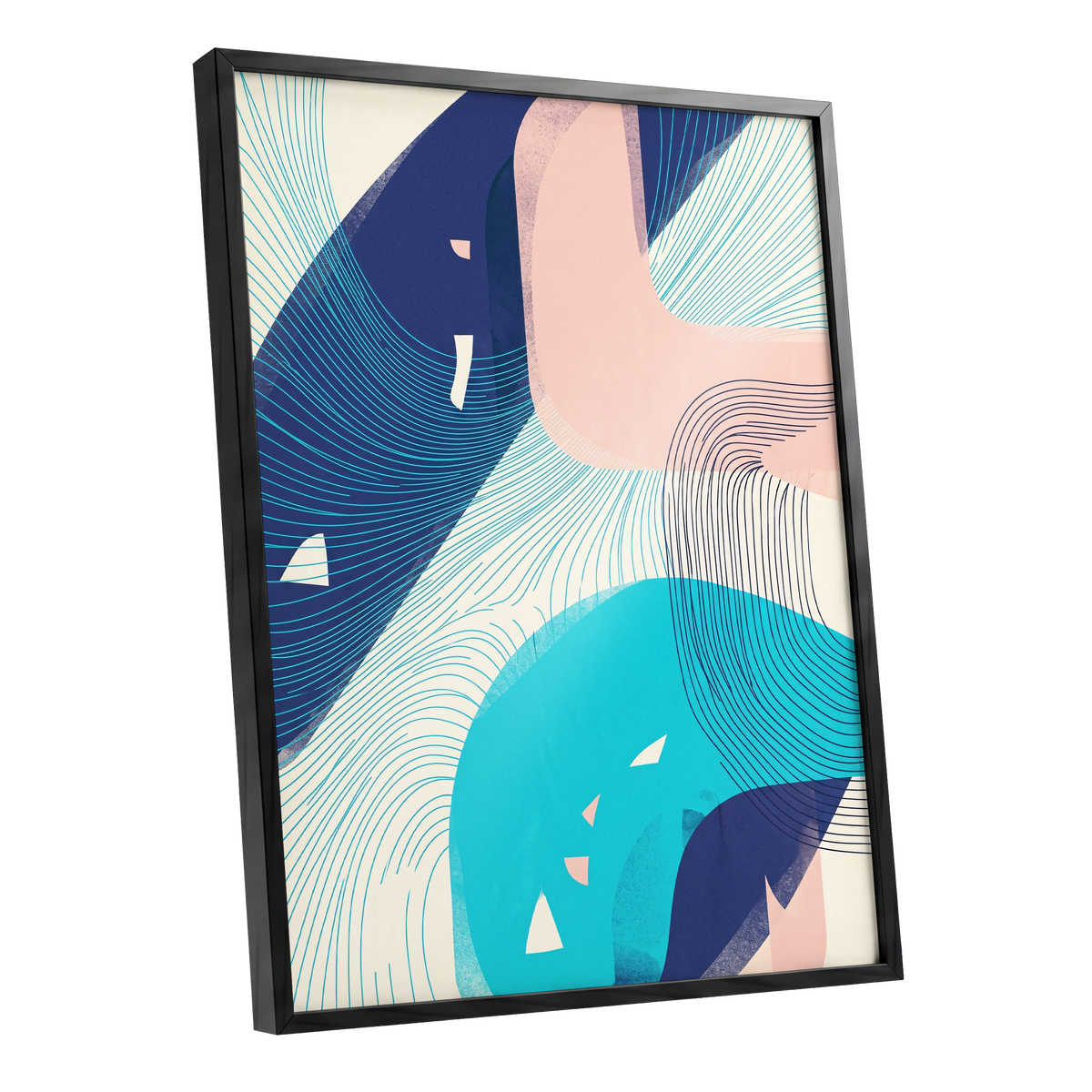 Currents in Blush, blue, pink, beige abstract wall art shown as a black framed poster wall art print