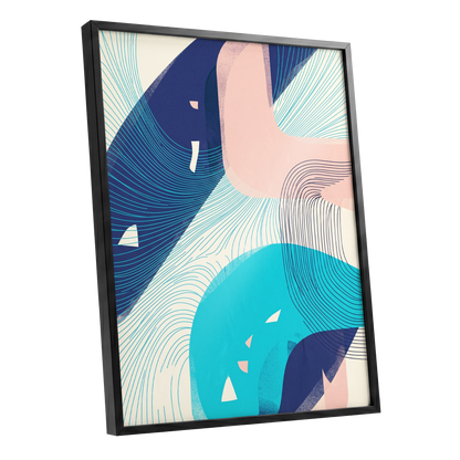Currents in Blush, blue, pink, beige abstract wall art shown as a black framed poster wall art print